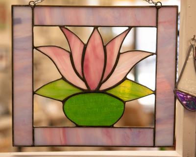 Stained glass window hanging.