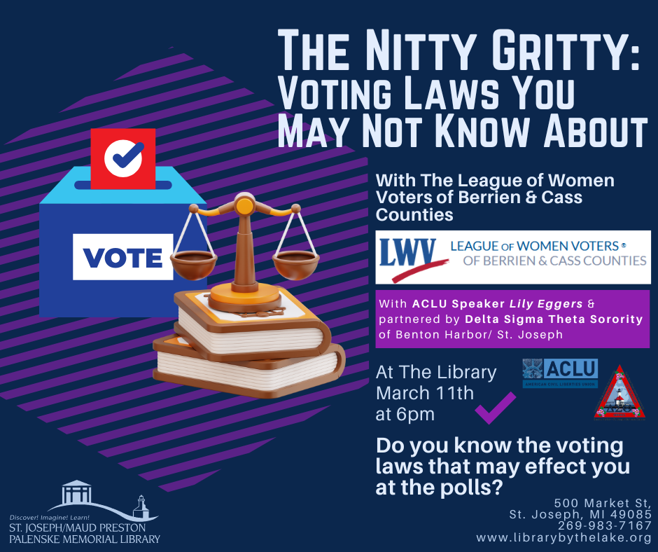 Do you know the voting laws that may effect you at the polls? Hear from the non-partisan League of Women Voters from 6pm-7:30pm to learn about some of the lesser known voting laws and how to make s...
