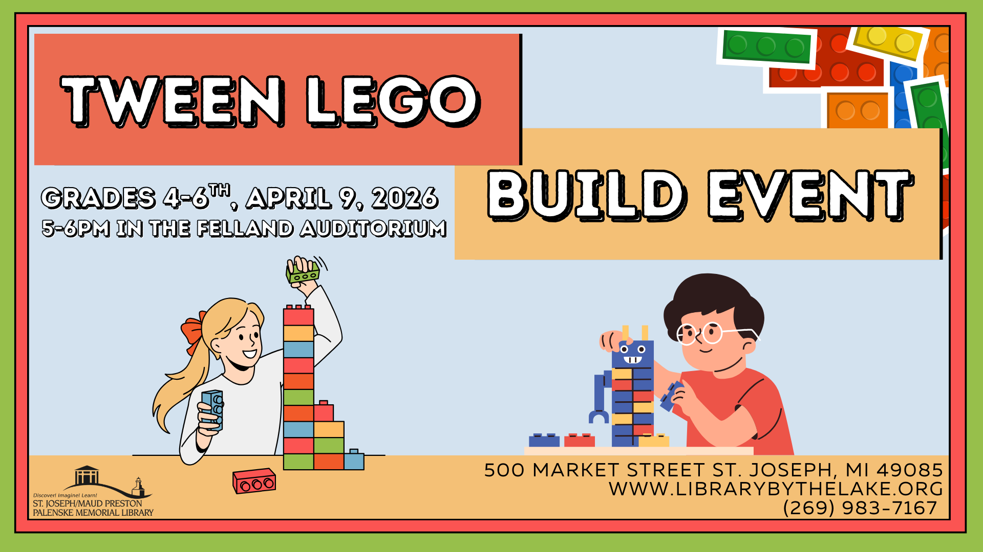 Calling all builders! This is your chance to build something amazing at the library. 
When you stop by, you will be given a challenge of something to build, and everyone gets to try to build it as...