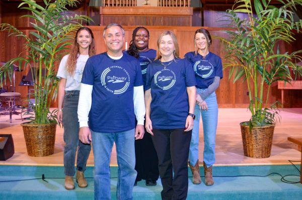 Introducing Pathway's awesome ministry staff: (front) Pastor Dan Colthorp, Asst. Pastor Tuija Ojala; (back) Director of Children's Ministries Sadie Novotny, Director of Music Elsie Mokaya, and Dire...
