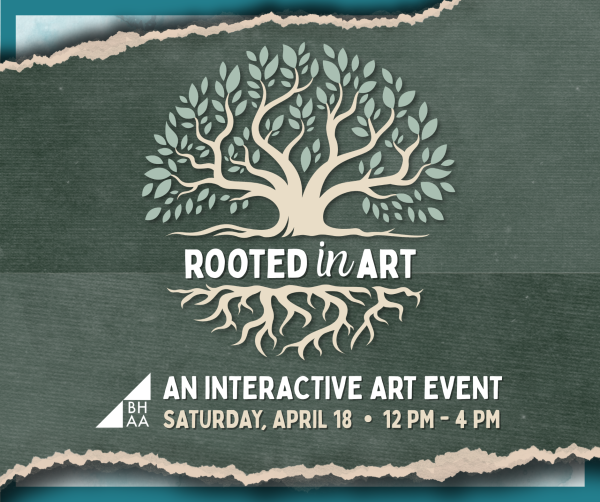 Tree with roots, with the event title "Rooted in Art" in the middle