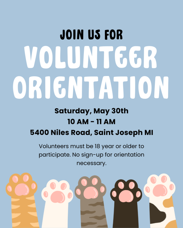 Flyer for Volunteer Orientation on May 30th at the Humane Society of Southwestern Michigan