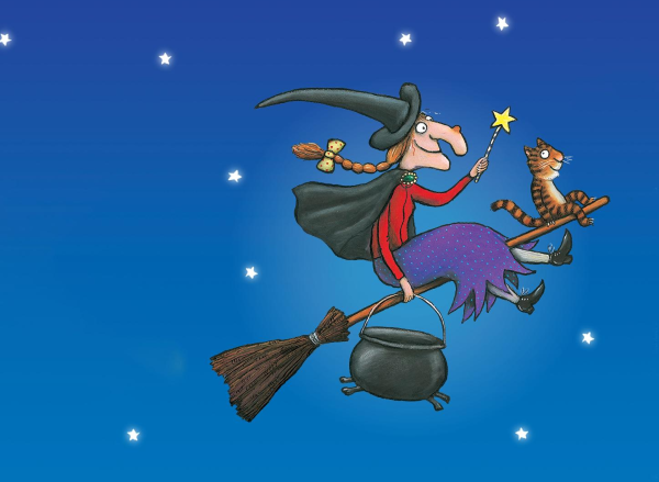 Cartoon witch flying across the night sky
