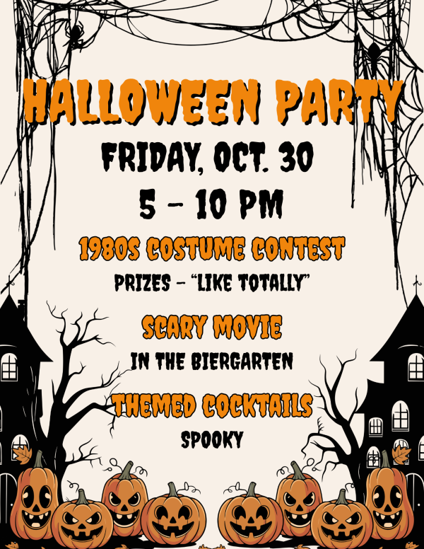 Halloween Party. 1980s costume contest, spooky cocktails, and scary movie
